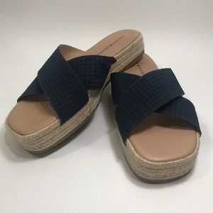 Lucky Brand Gayte Platform Sandal Navy Peacoat Checked Seersucker Size 9 - NWOT
